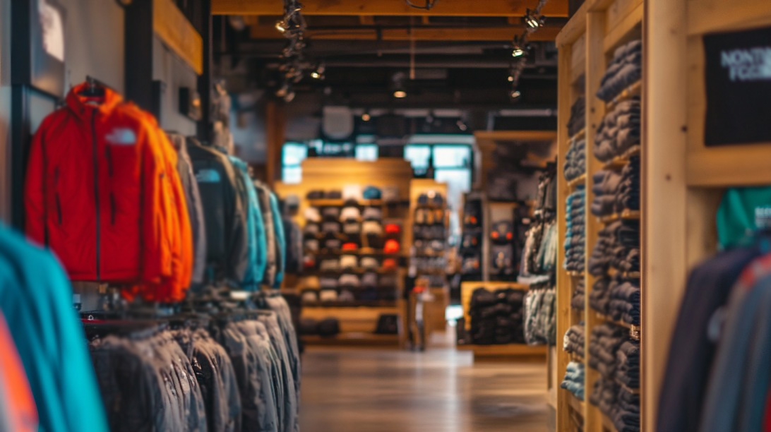 Interior of a North Face retail store with jackets, folded clothes, and outdoor gear neatly displayed