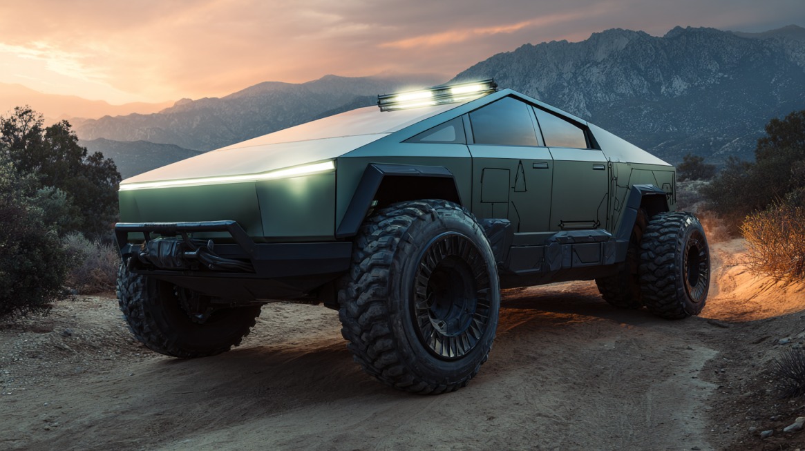 A modified Cybertruck with military-style enhancements, including armored panels, large off-road tires, and roof-mounted LED lights, parked on a dirt path at sunset with mountains in the background