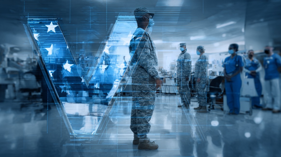 Digital “V” symbol overlays military personnel and healthcare workers in a VA hospital