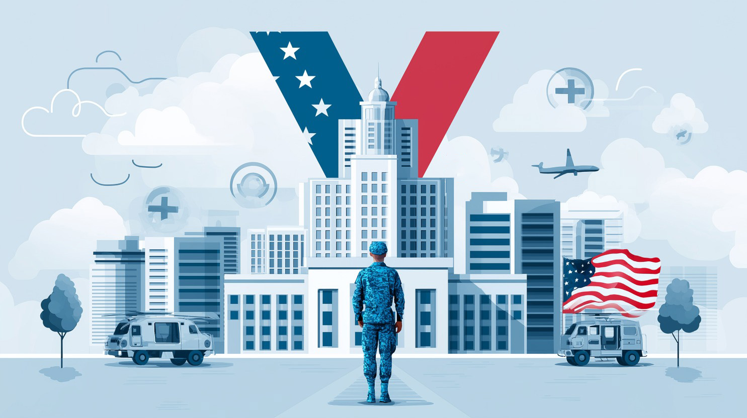 Illustration of a U.S. veteran facing a government building with an American flag and VA symbol