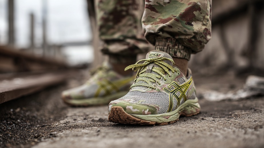 Close-up of green and yellow ASICS sneakers on a person wearing military fatigues, standing on rough concrete terrain