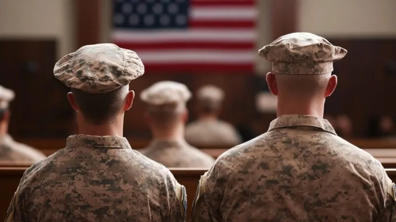 Soldiers in uniform seated in a courtroom, facing an American flag during a legal session