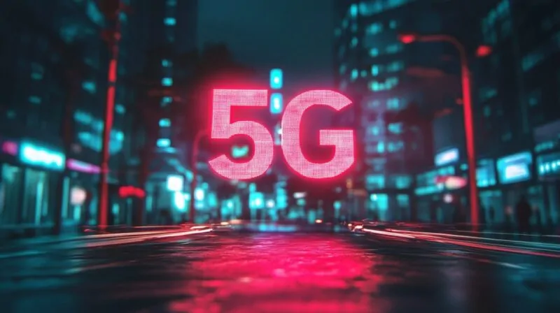 Digital "5G" text glowing in a futuristic city street at night with neon lights
