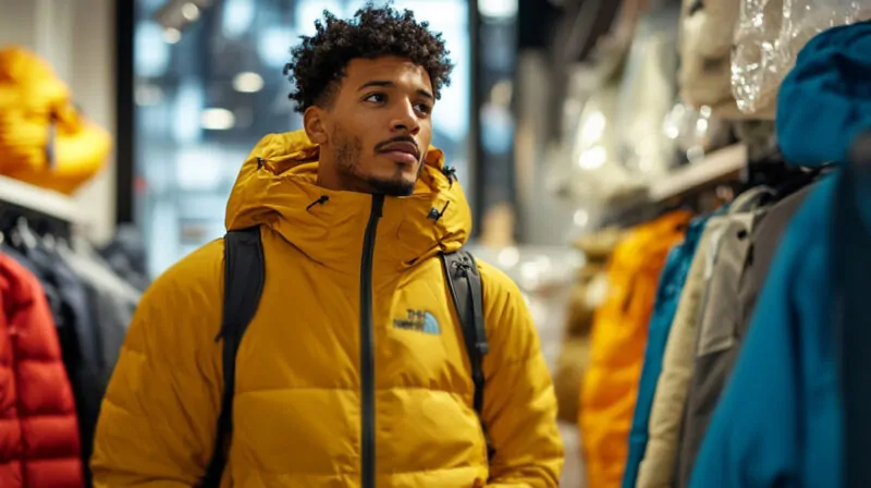 A man wearing a yellow The North Face jacket browsing in an outdoor apparel store