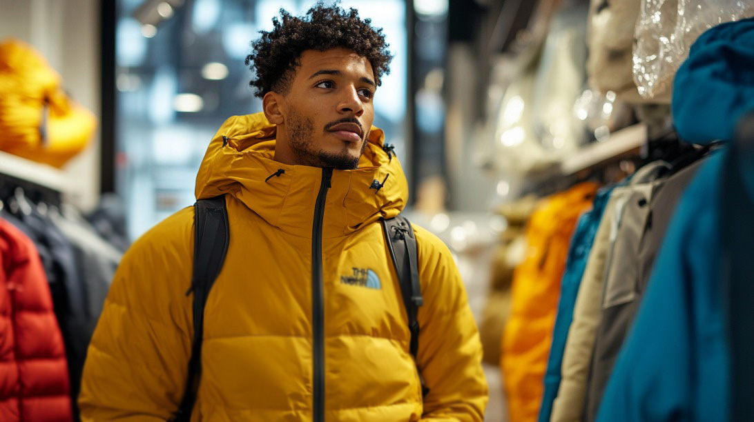 A man wearing a yellow The North Face jacket browsing in an outdoor apparel store