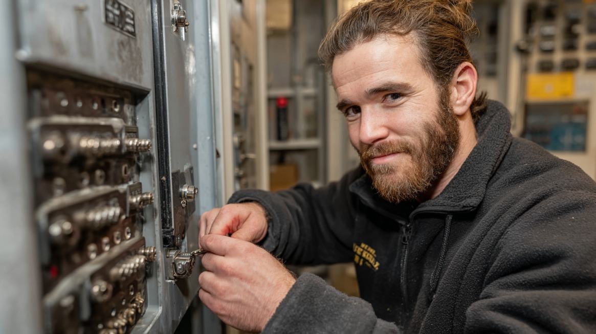 Locksmith unlocking a safe with a key