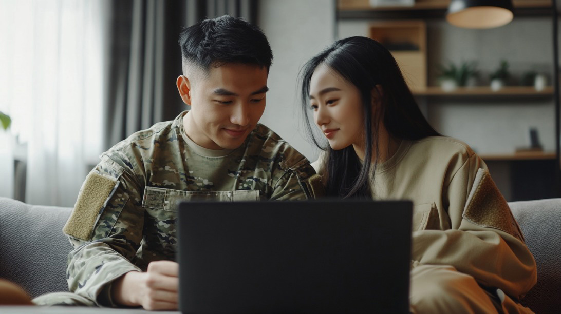 A man in military uniform and a woman sit together on a couch, looking at a laptop screen