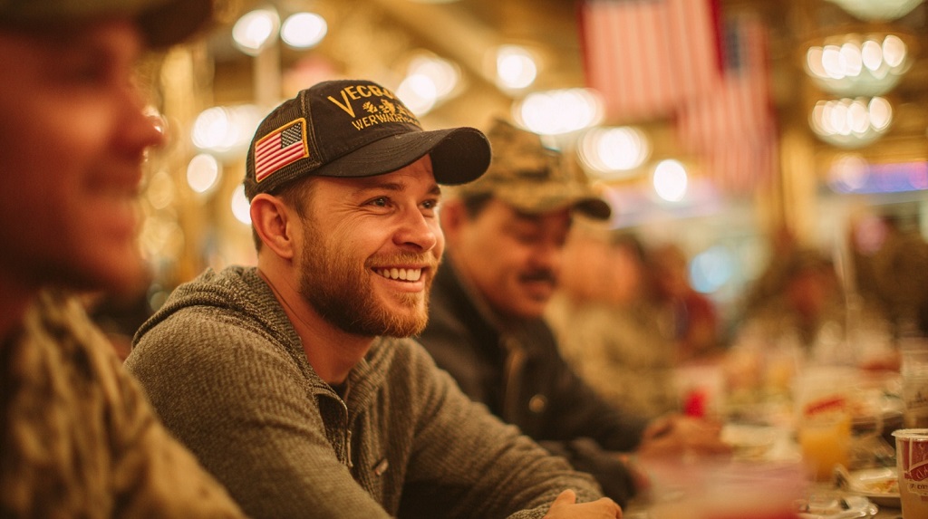 Younger U.S. veterans in their 30s and 40s enjoying a meal at Golden Corral during Military Appreciation Night, casually dressed with visible veteran caps and patriotic decor