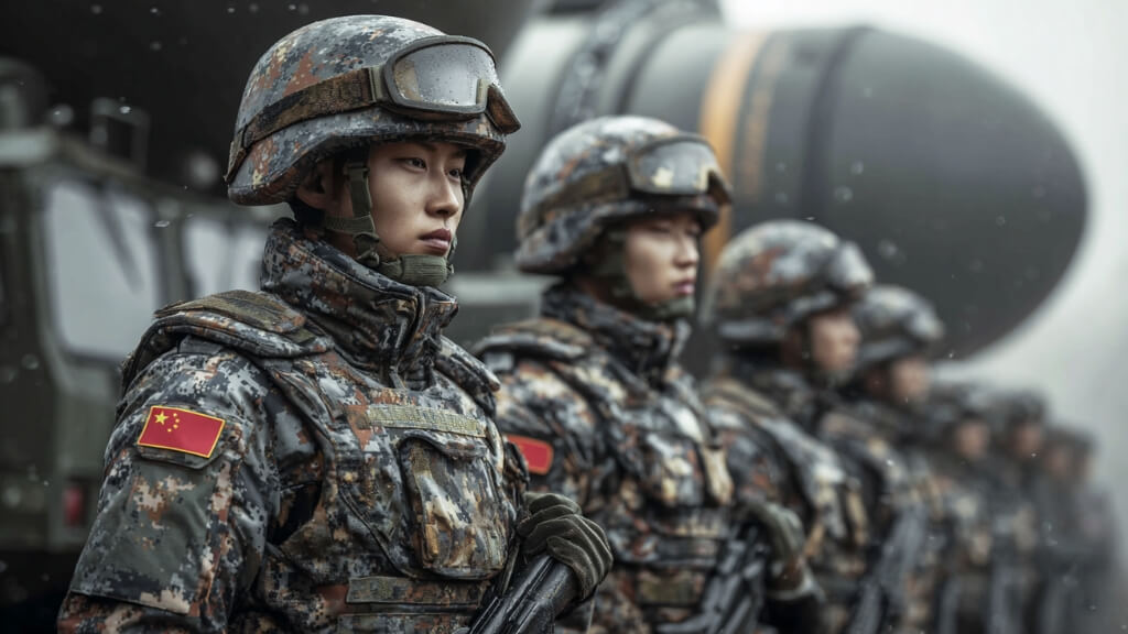 Chinese soldier in modern camouflage, partially silhouetted with nuclear missiles in the distance.