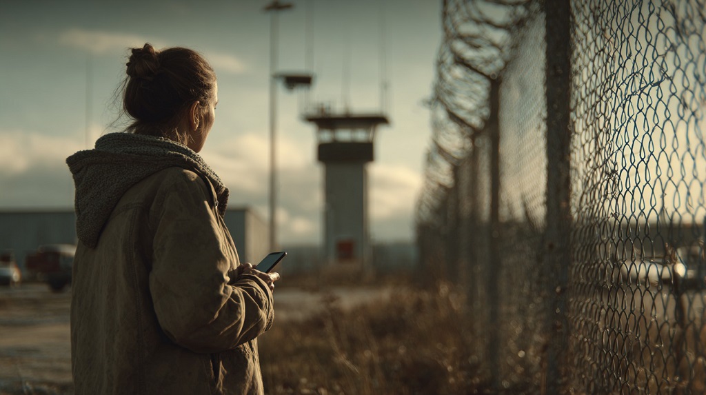 A civilian standing near a military fence, holding a smartphone, looking toward a watchtower and restricted area