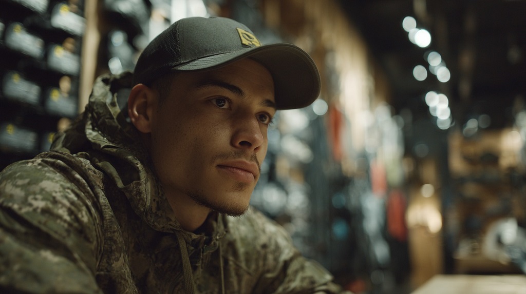 Young man in camo hoodie comparing gear at a retail store
