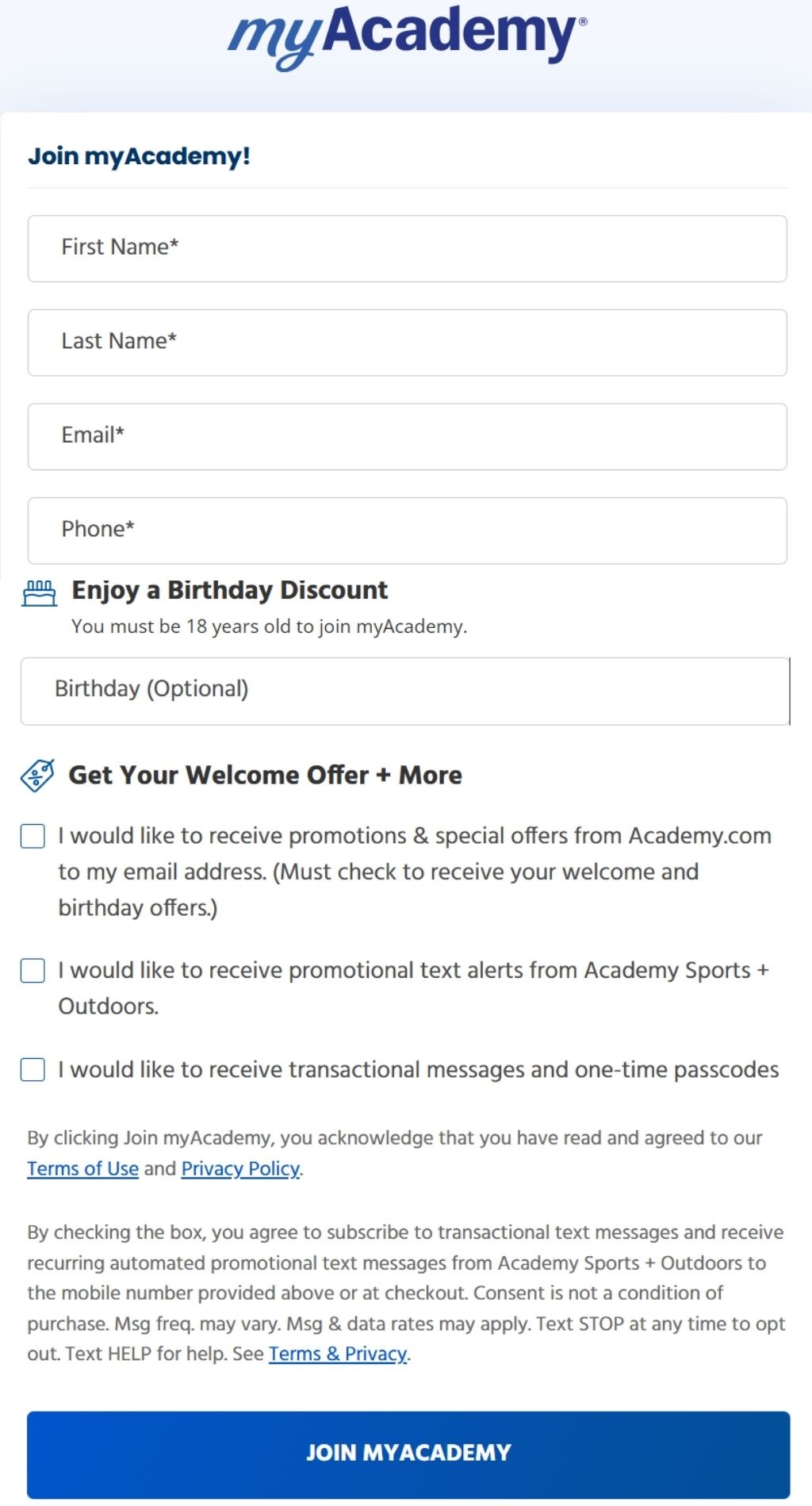 Registration form for Academy Sports loyalty and military discount program