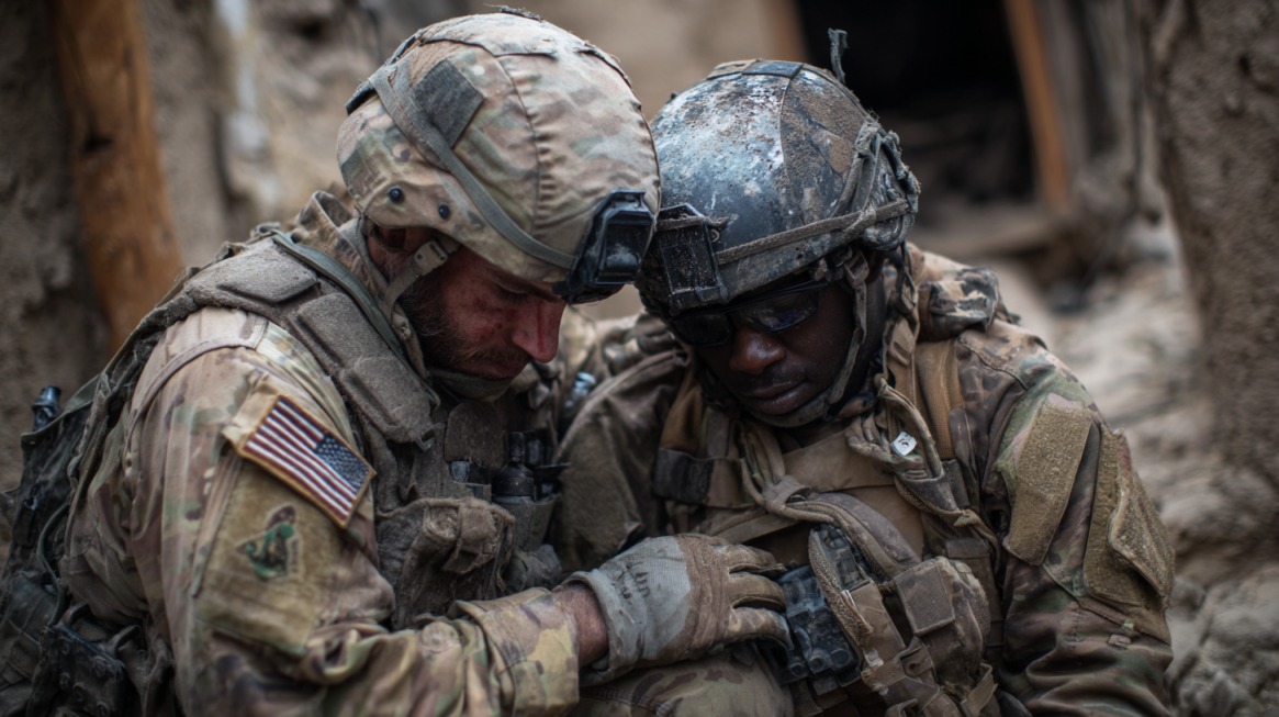 Two U.S. soldiers in full combat gear sit closely together, one offering comfort to the other during a moment of emotional distress
