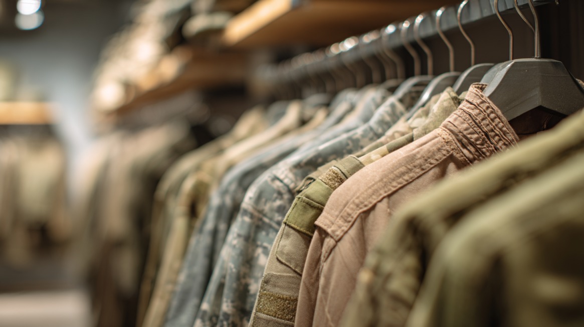 Close-up of various military-style uniforms hanging on a clothing rack in a store