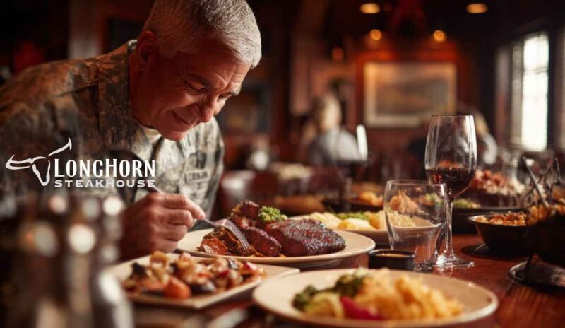 A smiling man in military uniform enjoying a steak meal at LongHorn Steakhouse