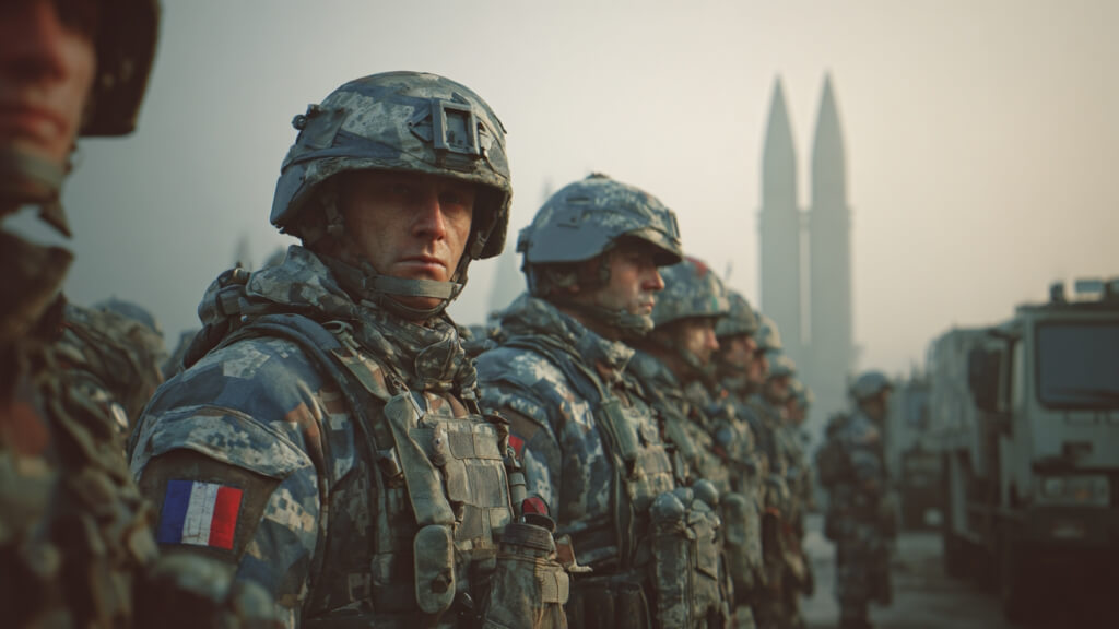 French soldier in tactical gear, with subtle nuclear weapon visuals blending into a grayscale military scene.