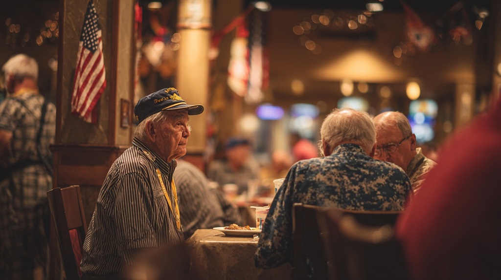 Elderly U.S. veterans dining inside a warmly lit restaurant during Golden Corral Military Discount night, with American flags in the background