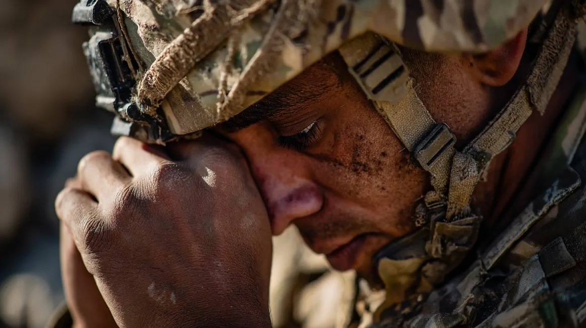Close-up of a U.S. soldier in camouflage uniform and helmet, resting his head on his hand with eyes closed, showing visible emotional strain