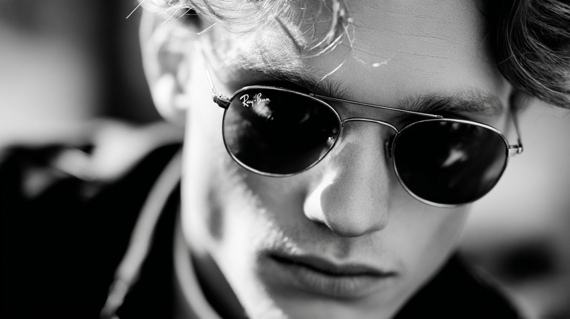 Close-up of a man wearing Ray-Ban sunglasses in black and white, showcasing the brand’s logo