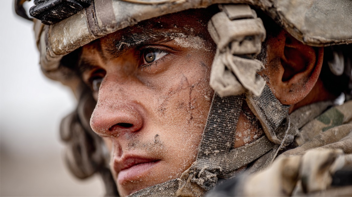 Close-up of a young U.S. soldier’s face, covered in dust and dirt, wearing a combat helmet and looking ahead with intensity and fatigue