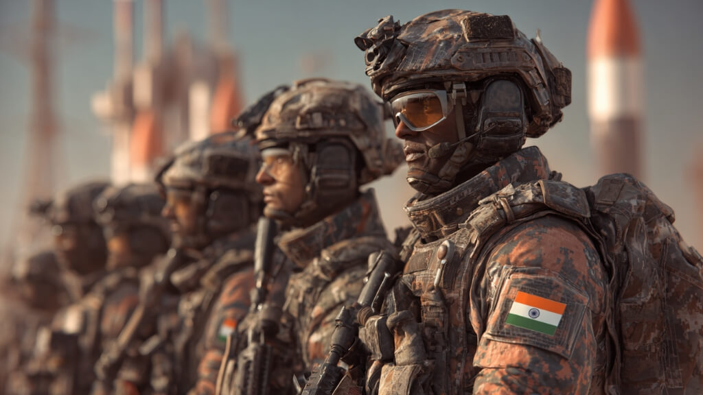 Indian military officer in front of abstract representation of India’s nuclear weapons and national colors