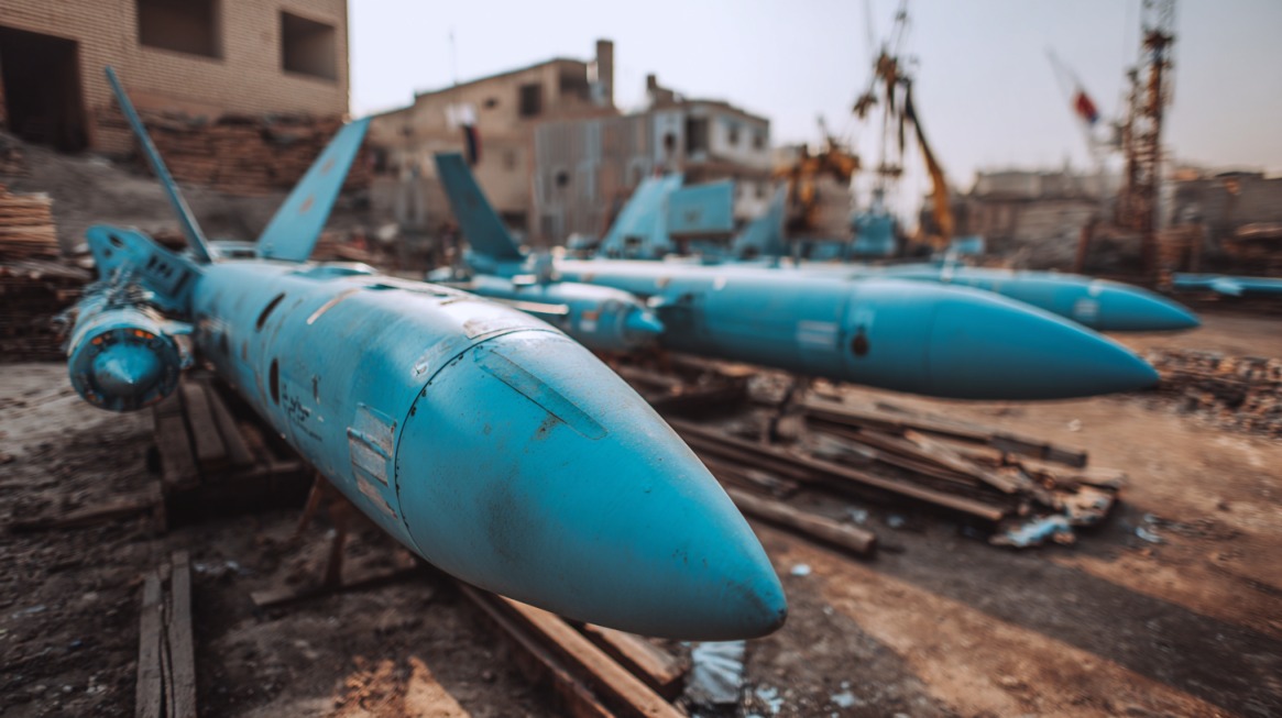 Close-up view of several blue missiles on display in an outdoor industrial setting, likely part of a defense exhibit in Iran