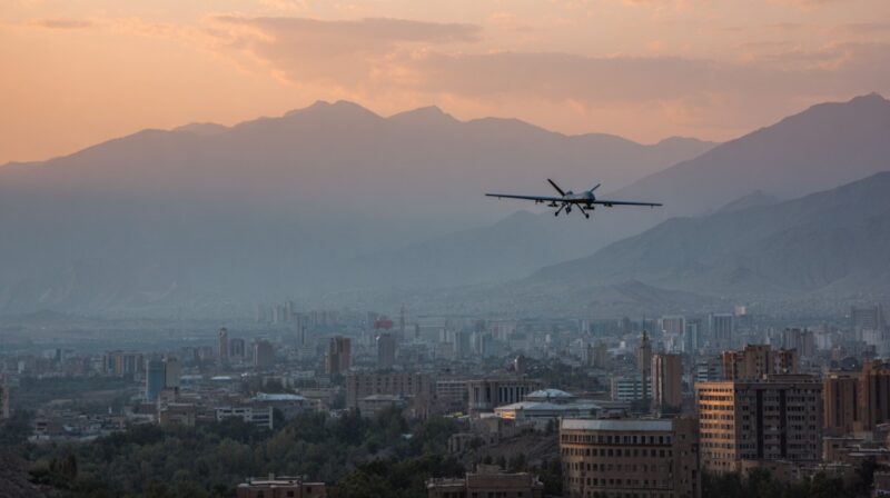 A military drone flying above a city with mountains in the background during sunset, showcasing surveillance capabilities