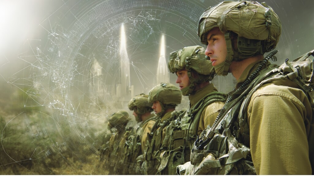 Israeli soldier outlined with radiation symbols and nuclear weapon silhouettes faded into the background