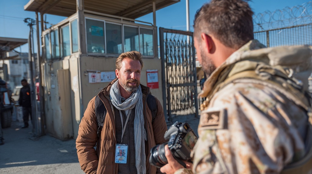 A journalist with a press badge and camera speaking to a soldier at a secured military base gate, preparing to take photos at a military base with formal approval