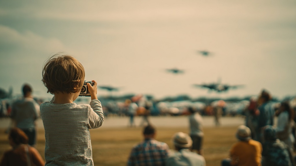A child using a camera at a public airshow near military aircraft, illustrating how civilians sometimes take photos at a military base during open events
