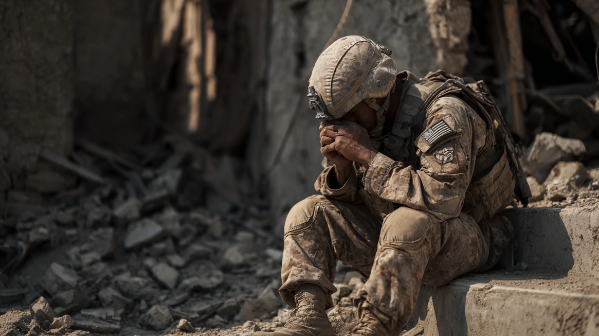 A U.S. soldier in full combat gear sits on concrete steps amid rubble, head bowed and hands clasped, conveying emotional distress