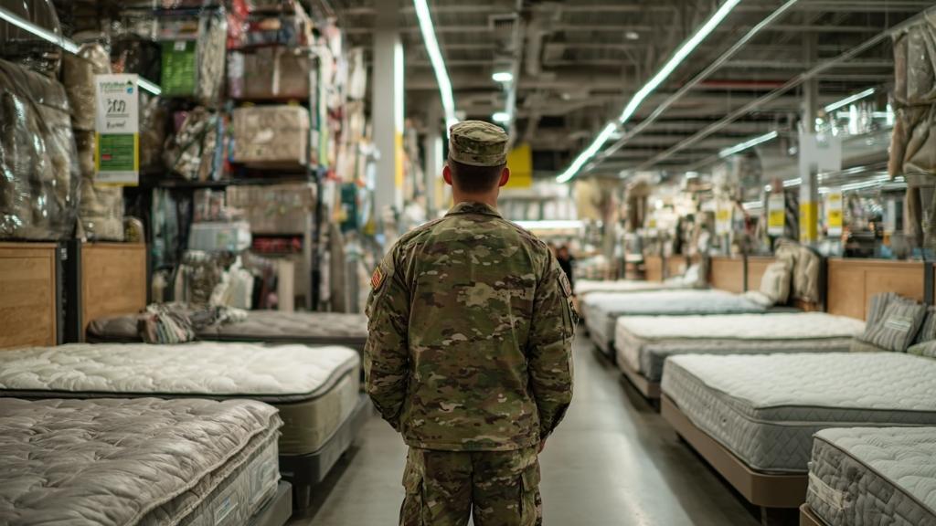 US soldier in uniform standing in front of displayed mattresses in a store