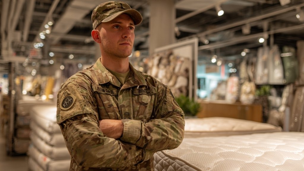 US soldier looking thoughtfully at a mattress in a showroom