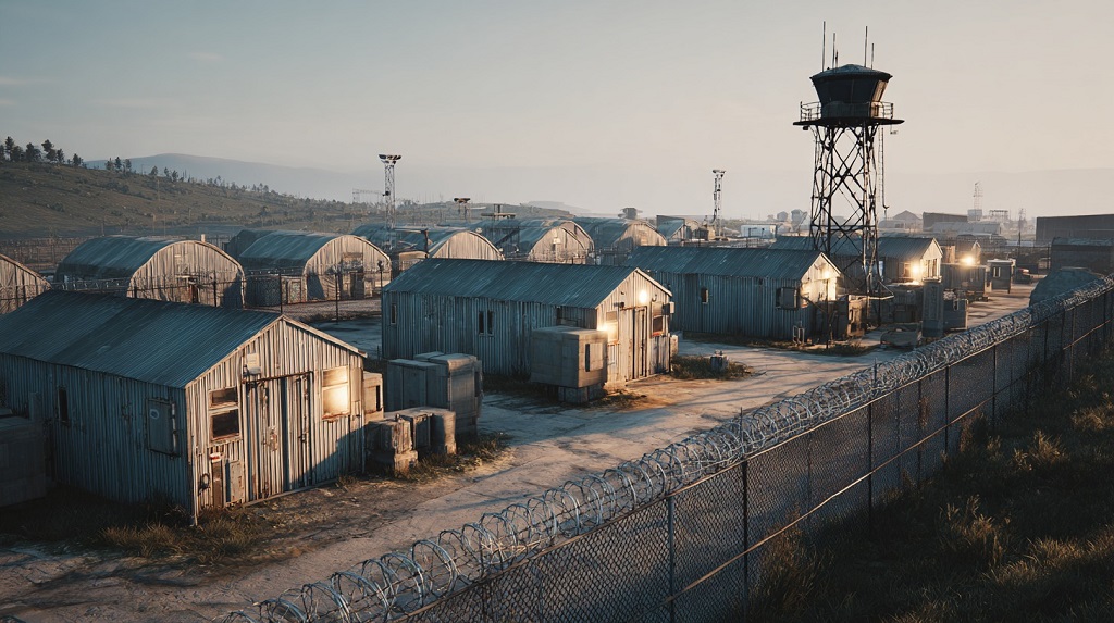 Wide view of a military base with metal hangars, watchtowers, and barbed wire fence under daylight