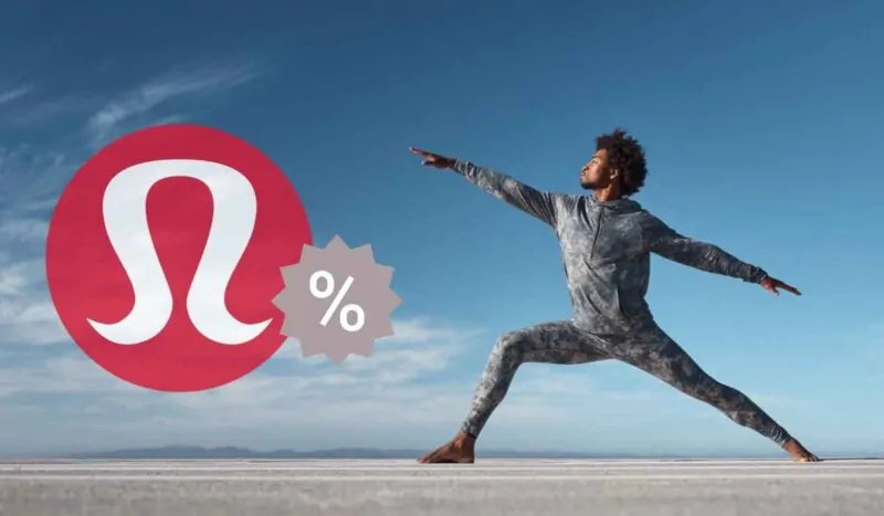 Man in athletic wear practicing yoga outdoors next to the Lululemon logo with a discount symbol