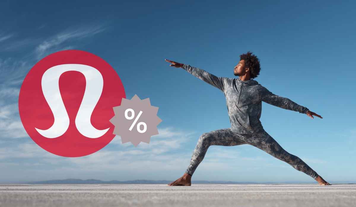Man in athletic wear practicing yoga outdoors next to the Lululemon logo with a discount symbol