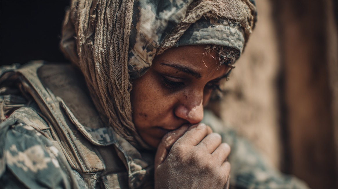 Close-up of a female soldier in combat gear with a weary, emotional expression, resting her hand near her mouth in a moment of reflection