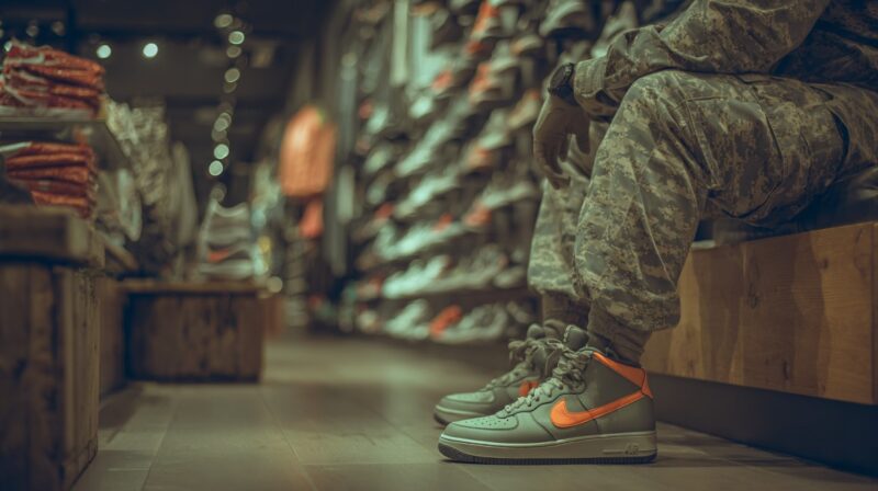 Person in military uniform trying on Nike sneakers in a shoe store