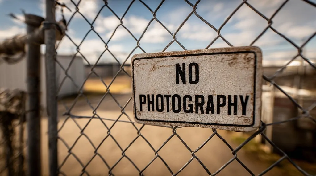 A weathered “No Photography” sign attached to a military fence under a clear sky
