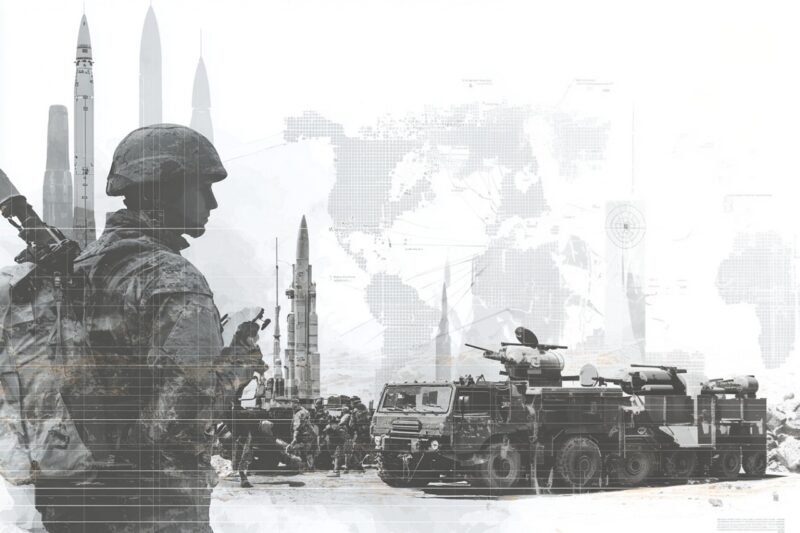 Semi-transparent digital artwork depicting a soldier in full gear, missile trucks, and ICBMs in the background, overlaid with a global map and tactical grid lines