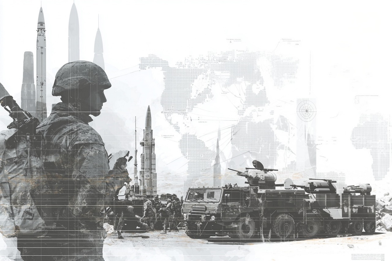 Semi-transparent digital artwork depicting a soldier in full gear, missile trucks, and ICBMs in the background, overlaid with a global map and tactical grid lines