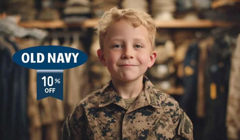 Smiling child in military-style camouflage clothing with an Old Navy 10% off discount badge overlay, standing in a store with military uniforms in the background