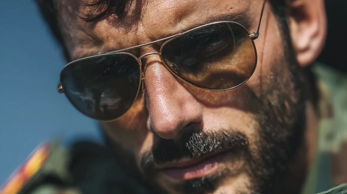 Close-up of a man wearing aviator sunglasses, reflecting a confident look with a military-style jacket visible