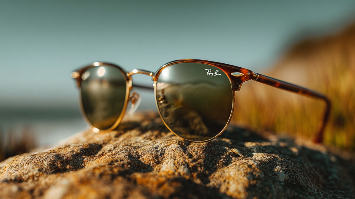 Close-up of Ray-Ban sunglasses resting on a rock with a blurred beach background
