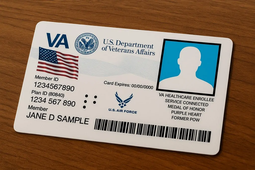 Veterans Affairs ID card used to verify eligibility for the Golden Corral Military Discount, showing sample member data and U.S. Air Force affiliation
