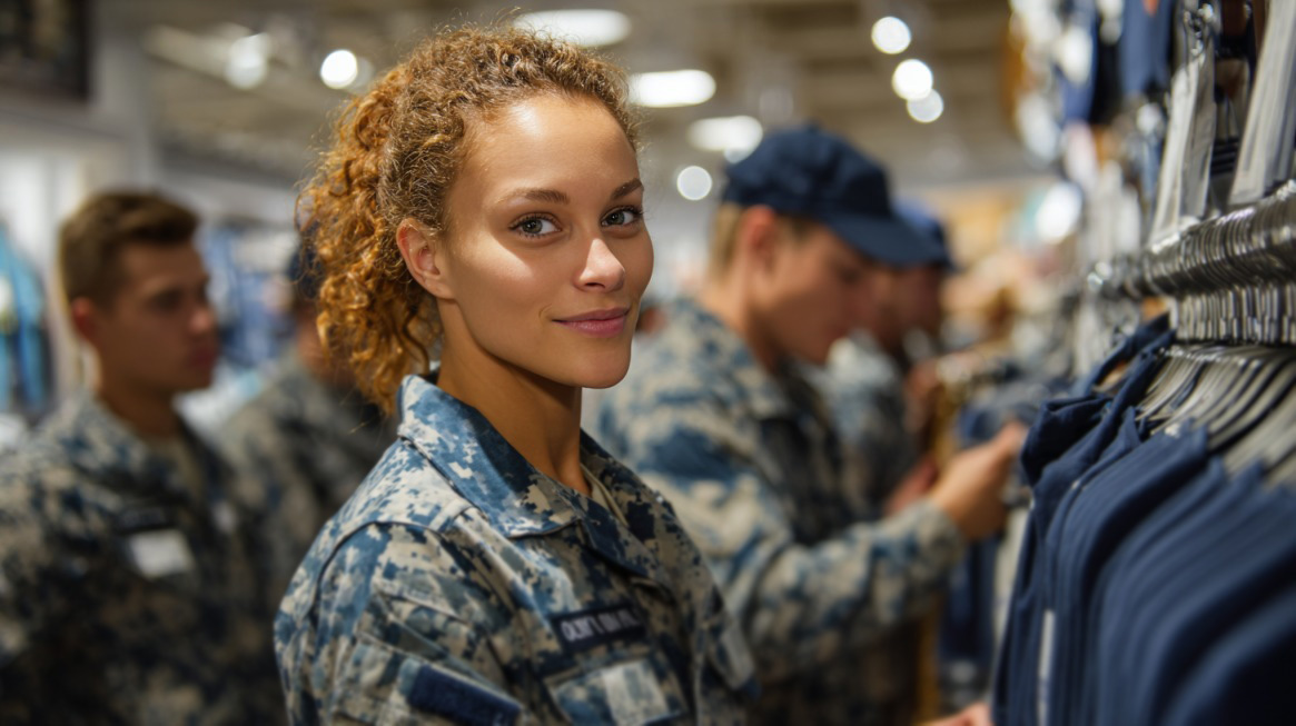 Female service member in digital camouflage smiling while shopping at a clothing store with fellow military personnel