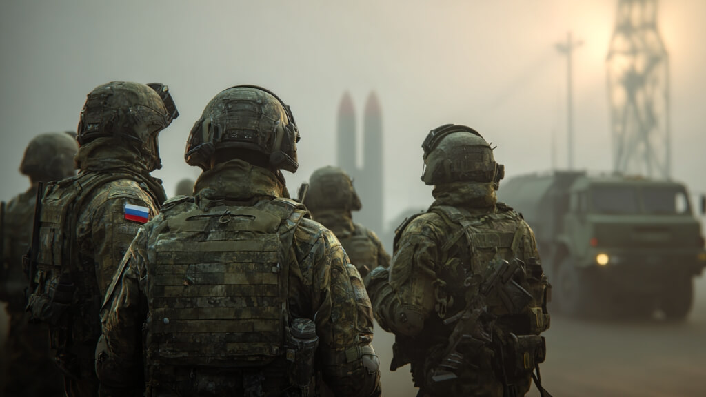Russian soldier in uniform stands in front of a blurred backdrop of nuclear weapons, with national flag hues.