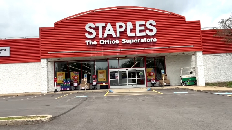 A Staples store entrance where shoppers can use the Staples military discount during seasonal promotions