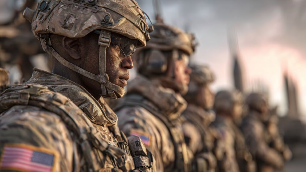 American military personnel with a background showing an arsenal of nuclear weapons, semi-transparent and faded.
