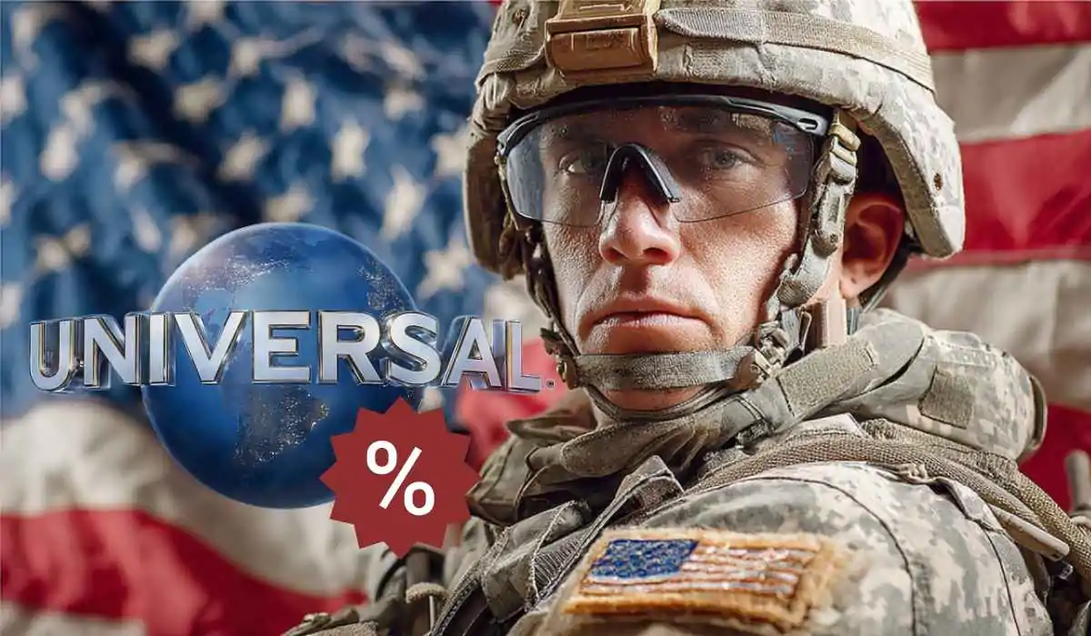 U.S. soldier in uniform with American flag background and Universal Studios discount graphic